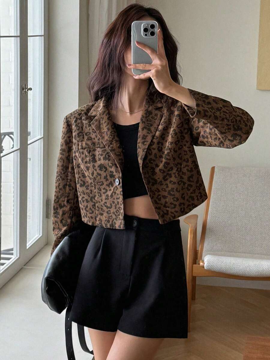 DAZY Áo khoác blazer ngắn thường ngày in họa tiết da báo cho nữ, tay dài, cổ ve lật, cài một hàng khuy, mùa thu - Cà phê nâu - Xem 1