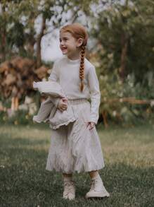 SHEIN Young Girl 3D Floral Decor Frill Trim Vest, Long Sleeve Top And Skirt Cute 2pcs Set, Spring Autumn - Multicolor - View 4