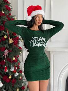 SHEIN SXY Dark Green,Autumn,70s,Night Out,Party Women Christmas Glitter Fabric White Letters Embroidery Backless Long Sleeve Holiday Party Dress Skirt - Green - View 3