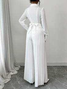 Lyxana Women Solid Color Elegant Cross Twist Top + Pleated Long Pants Set, Spring/Autumn Fall Cloth For Women - White - View 2