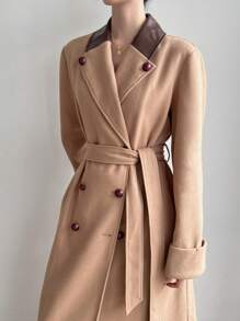 Modelyn Women Casual Contrast Color Lapel Double-Breasted Overcoat, Autumn/Winter