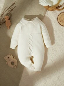 SHEIN Baby Girls Sweater , Long Sleeve Knitted Jumpsuit With Ruffles, Warm And Comfortable For Autumn Winter, Elegant Apricot Color, Stylish And Chic, Suitable For Daily Wear, Outings, And Travel - Apricot - View 1