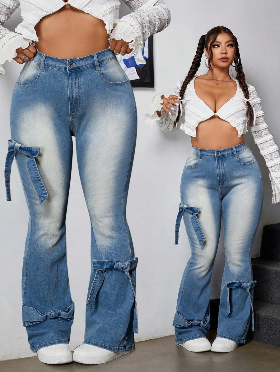 SHEIN ICON 大码休闲水洗蝴蝶装饰喇叭牛仔裤