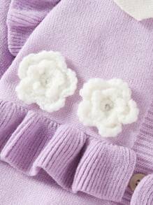 SHEIN Elladie kids Pelele de punto con cuello alto y pies para bebé niña, mono de manga larga con abotonadura a presión, decoración floral con volantes, cómodo y cálido para otoño/invierno, casual/formal, beige/caqui - Morado - Ver 7