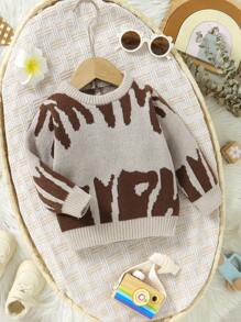 SHEIN Baby Boy Round Neck Casual Long Sleeve Sweater, Everyday Wear - Khaki - View 3