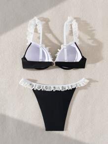 SHEIN Swim 2pcs Women Ruffled Shelf Bra Bikini Swimwear, Ruched Beach Bathing Suit For Summer - Black - View 2