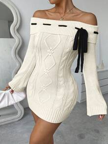 Chiquease 女士露肩长袖前系带短款针织毛衣裙，秋冬 - 杏色 - 查看 6