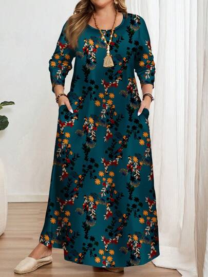 Mellowie 休闲简约全图案复古印花长袖圆领大码连衣裙，适合秋冬季