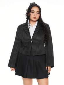 ROMWE Blazer Longo de Manga Longa com Cintura Marcada e Listras Vintage, Plus Size - Preto - Visão 1
