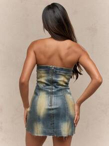 MISSGUIDED Washed Strapless Bandeau Raw Hem Mini Denim Dresses