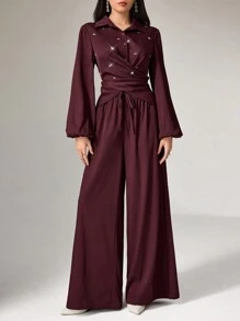 Modelyn 2pcs Women's Solid Color Front Button Crystal Decor Pleated Crossover Wrap Long Sleeve Top And Pants Elegant Set 2 Pieces Set