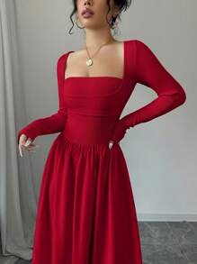 Selianne 女士方领长袖收腰 A 字下摆连衣裙新年衣服长款女装 - 紅色 - 查看 3