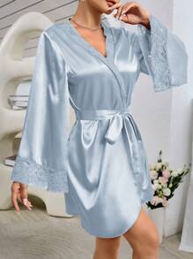 Women's Elegant Solid Color Lace Patchwork Bell Sleeve Robe, For Autumn Luxe Loungewear, Fall  Cozy And Elegant Details