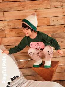 SHEIN 小男孩羊毛保暖圆领长袖图案运动衫和宽松图案运动裤 2 件套秋冬装 - 彩色 - 查看 14