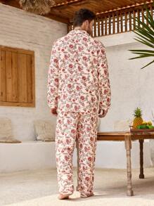 Manfinity ChillVibe 2pcs Men Floral Print Single-Breasted Long Sleeve Top And Pants Loungewear Set - Red and White - View 2