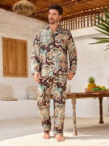 Men's Plant Print Long Sleeve Lapel Neck Single Breasted Top And Pants Pajama Set - Black - View 3