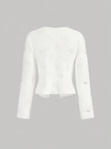 GENKIRA 女士优雅宽松针织开衫，带蓬松、珠子和水钻装饰 - 白色 - 查看 2