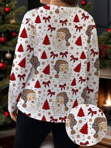SHEIN LUNE Áo thun cổ tròn tay dài in họa tiết ông già Noel họa tiết Giáng sinh thoải mái, rộng rãi, size lớn dành cho nữ - Nhiều màu - Xem 2