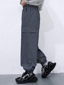 Kids/Tween Boys Casual Reflective Material Patch Pockets Relaxed Fit Drawstring Waist Pants, Suitable For School, Garden, Beach, Birthday, Spring, Summer, Autumn, Winter - Grey - View 6