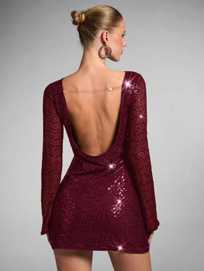 SHEIN BAE 女士黑色纯色万圣节派对装/圣诞派对/音乐会装/约会之夜/女友派对/俱乐部装华丽精致的夜晚闪亮亮片性感大露背喇叭袖迷你连衣裙/黑色返校节礼服/返校节/秋季连衣裙/派对女士连衣裙/黑色长袖连衣裙/迪斯科连衣裙