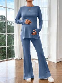 SHEIN 2pcs Maternity Solid Color Round Neck Long Sleeve Split Casual Outfit Set - Blue - View 3