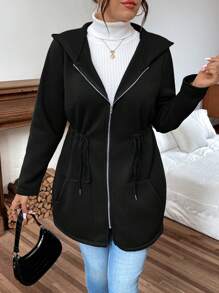 Calvaya Plus Size Solid Color Hooded Zipper Pocket Casual Long Sleeve Jacket Fall Winter Cloth For Women Autumn - Black - View 5