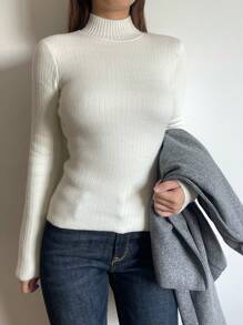 SHEIN BASICS 休闲纯色高领长袖修身常规针织毛衣 - 白色 - 查看 3