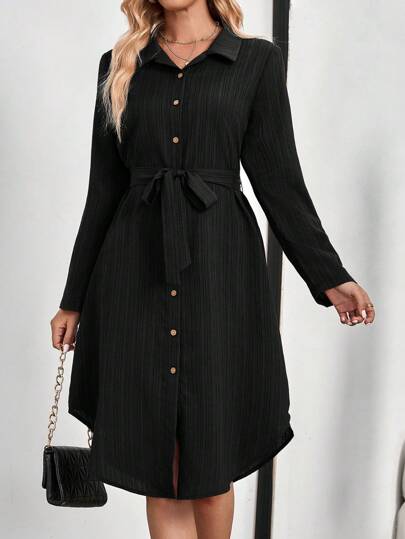 EMERY ROSE Long-Sleeve Blue Shirt With A Waist-Tied Belt,Midi Women Dresses