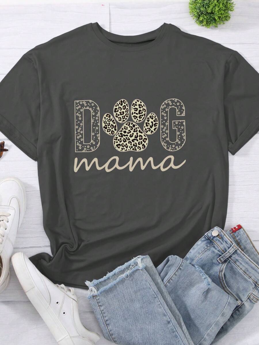 INAWLY Camiseta de "Mamá de Perro", Regalo para Mamá de Perro, Regalo para Amante de Perros, Blusa de manga corta con cuello redondo y estampado gráfico de leopardo para mujer - Gris - Ver 1