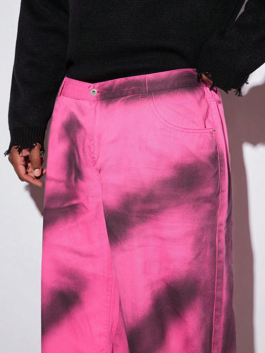 Manfinity VCAY Calça Denim Denim Oversized Longa e Larga Preta e Vermelha Estampa Xadrez Estilo Buffalo Plus Size para Homens - Multicolorido - Visão 1