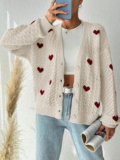 EURMUSE Plus Size Coração Estampado Frente Botão V-Neck Manga Longa Cardigan Casual, Para Inverno