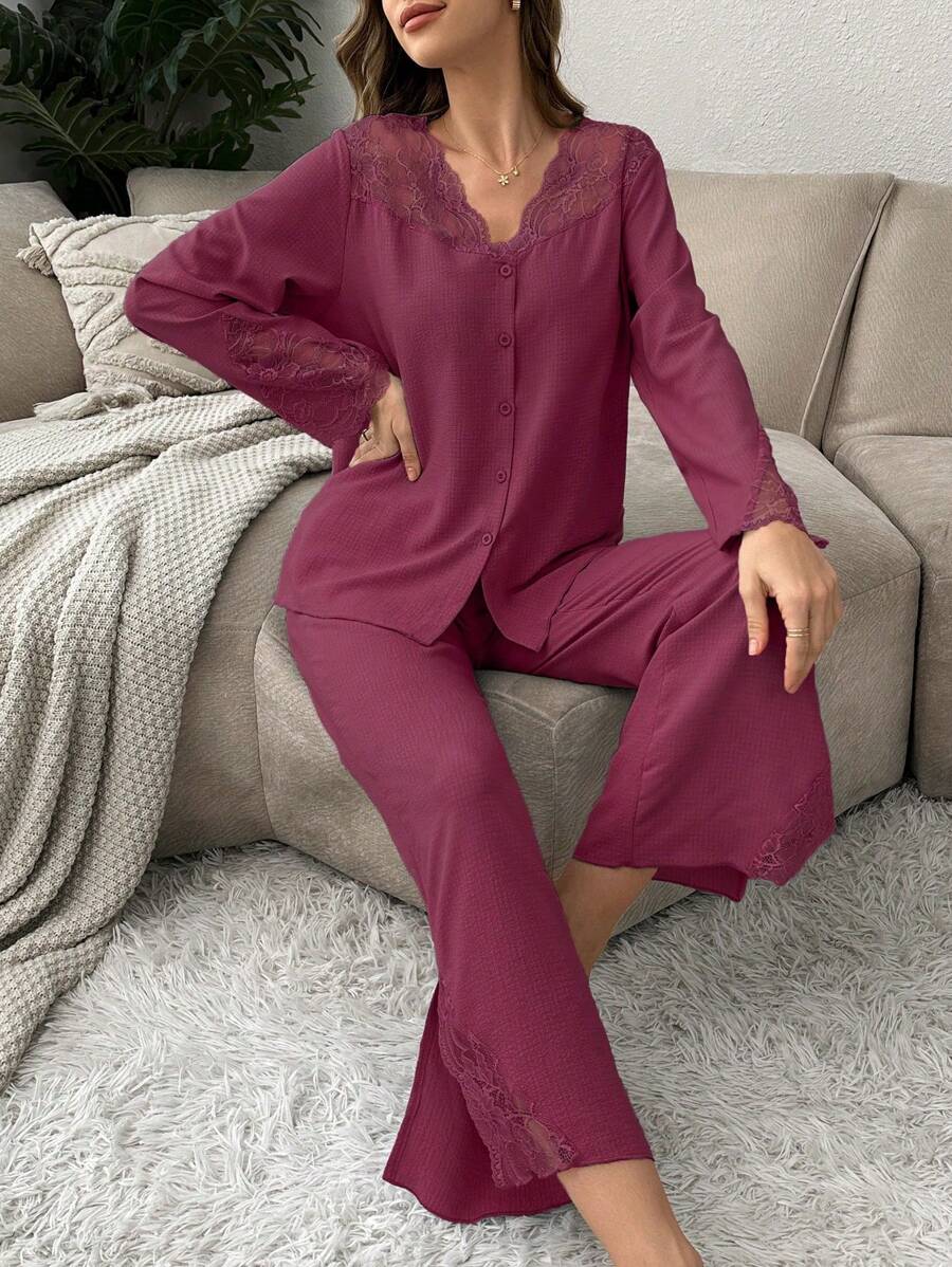 Women Lace Trim Buttoned Front Sleepwear Set With Shoulder And Sleeve Panel - Burgundy - View 1