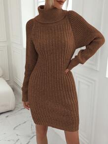 Chiquease 女士纯色高领长袖休闲短款毛衣连衣裙 - 鏽棕色 - 查看 3