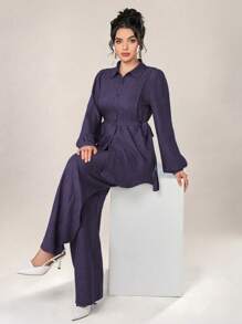 Graceveil 2pcs Women Casual Solid Color Texture Button Front Top And Pants Set, Autumn 2 Pieces Set Modest Fall Cloth For Women - Purple - View 6