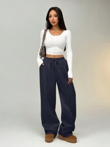SHEIN EZwear Pebble Seam Detail Straight Leg Sweatpants - Navy Blue - View 6