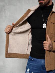 Manfinity Homme 男士休闲灯芯绒保暖内衬夹克，秋冬季外出保暖长袖卡其色拼色夹克，适合朋友、丈夫、男朋友的礼物 - 咖啡棕 - 查看 3