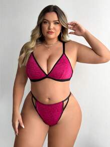 Set de sujetador y pantie de tallas grandes con tirantes de espagueti y borde de contraste sin aros - Rojo violeta - Ver 5