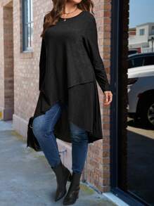 大码纯色长款不对称下摆圆领长袖 T 恤 - 黑色 - 查看 3