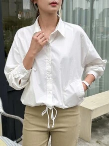 DAZY Women's Turn-Down Collar Loose Hem Drawstring Jacket Long Sleeve Top - White - View 6