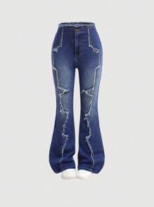 SHEIN Tween Girls Winter Y2K Streetwear Frayed Denim Flare Leg Jeans