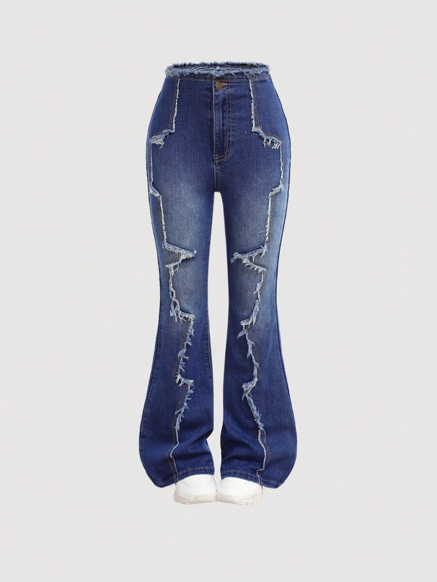 SHEIN Tween Girls Winter Y2K Streetwear Frayed Denim Flare Leg Jeans