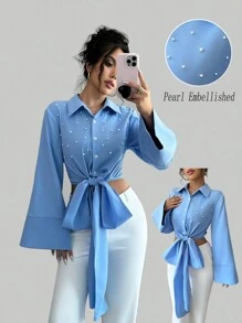 Chiquease Áo sơ mi tay dài cổ tròn đính ngọc trai, dây đeo chéo vai, màu xanh, tay chuông, eo bó, thiết kế nơ và eo, ôm vừa vặn, đa năng, hẹn hò, đi làm, tiệc tùng, kỳ nghỉ, tuyệt đẹp, tay dài, áo cánh thu đông - Màu xanh lam - Xem 1