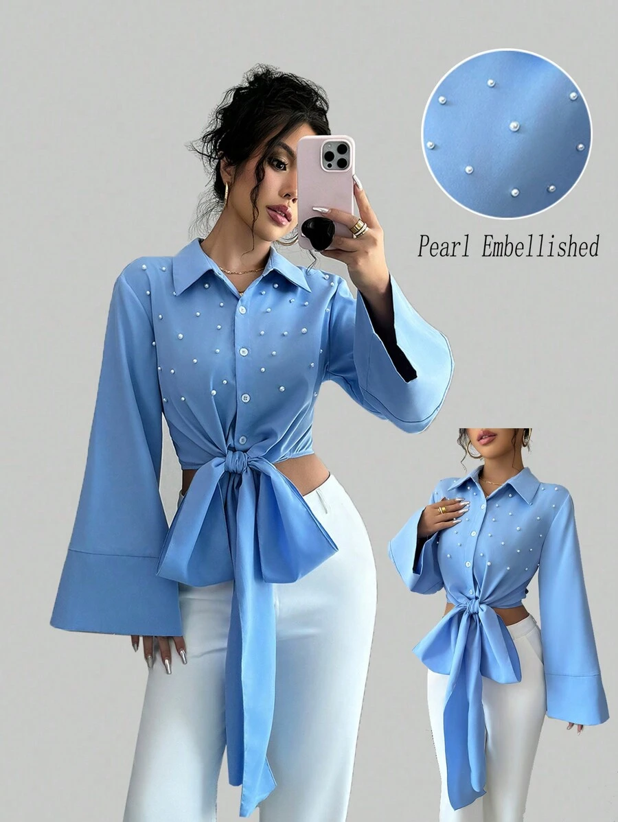 Chiquease Áo sơ mi tay dài cổ tròn đính ngọc trai, dây đeo chéo vai, màu xanh, tay chuông, eo bó, thiết kế nơ và eo, ôm vừa vặn, đa năng, hẹn hò, đi làm, tiệc tùng, kỳ nghỉ, tuyệt đẹp, tay dài, áo cánh thu đông - Màu xanh lam - Xem 1