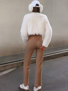 Lunelith SHEIN Lunessa Fluffy Solid Color Short Women Zip-Up Long Sleeve Jacket, Fashion Fluffy Coat