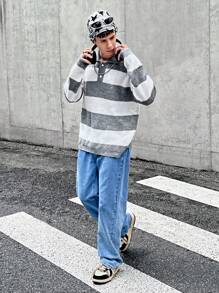 SHEIN Jersey holgado de punto de color contrastante casual para niños adolescentes, adecuado para otoño, invierno, cálido, casual, escuela, hogar, uso diario, deportes, simple y versátil