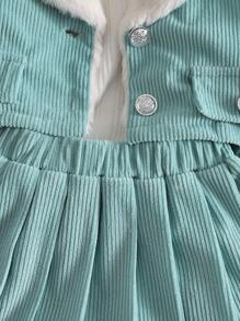 SHEIN 2pcs Baby Girls Spring Autumn Furry Collar Short Jacket And Pleated Skirt Set, Suitable For Outings