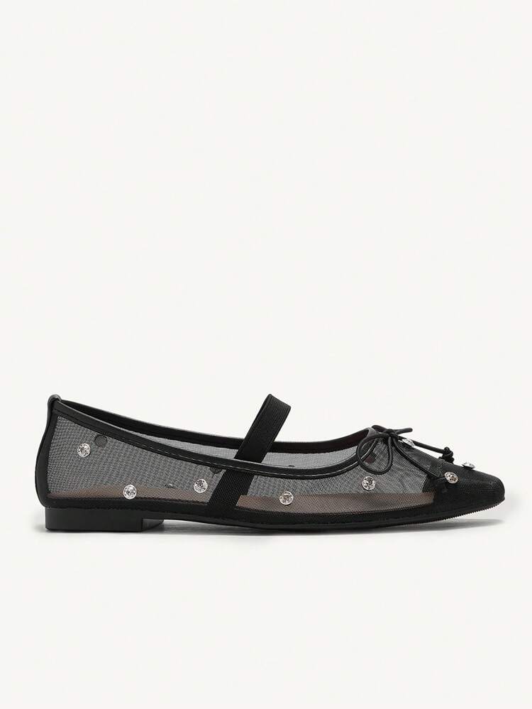 CUCCOO CHICEST 2026 Spring/Autumn New Bow Rhinestone Decor Solid Color Square Toe Casual Flat Shoes, Versatile