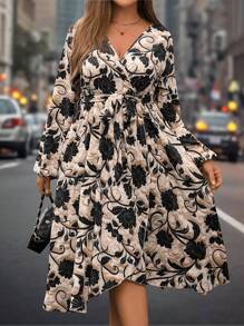 SHEIN Clasi Vestido de envolver de manga farol con estampado floral talla grande, elegante para el otoño