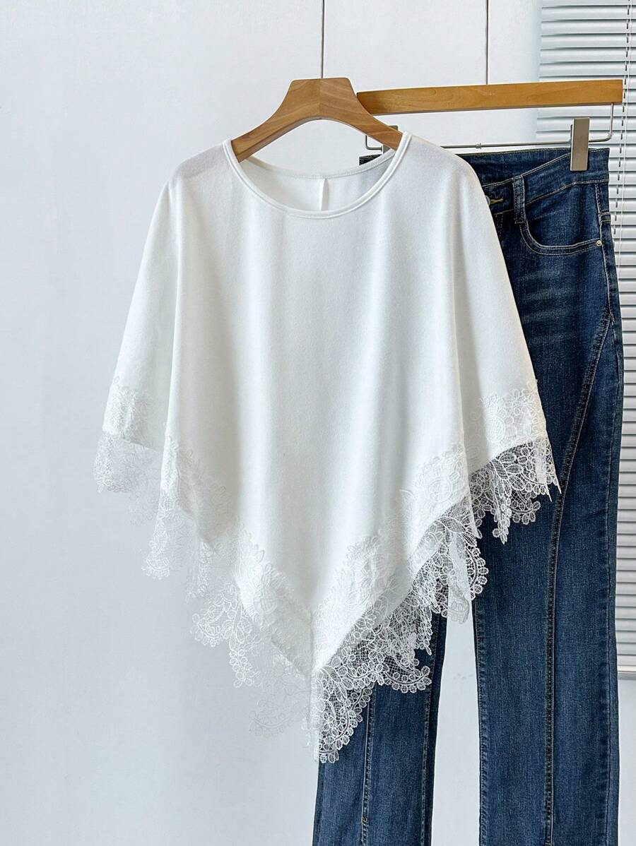 SHEIN LUNE 大码女式圆领撞色蕾丝白色 T 恤,秋季 - 白色 - 查看 1
