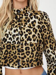 SHEIN EZwear Leopard Print Contrast Side Seam Raglan Sleeve Crop Jacket - Multicolor - View 7